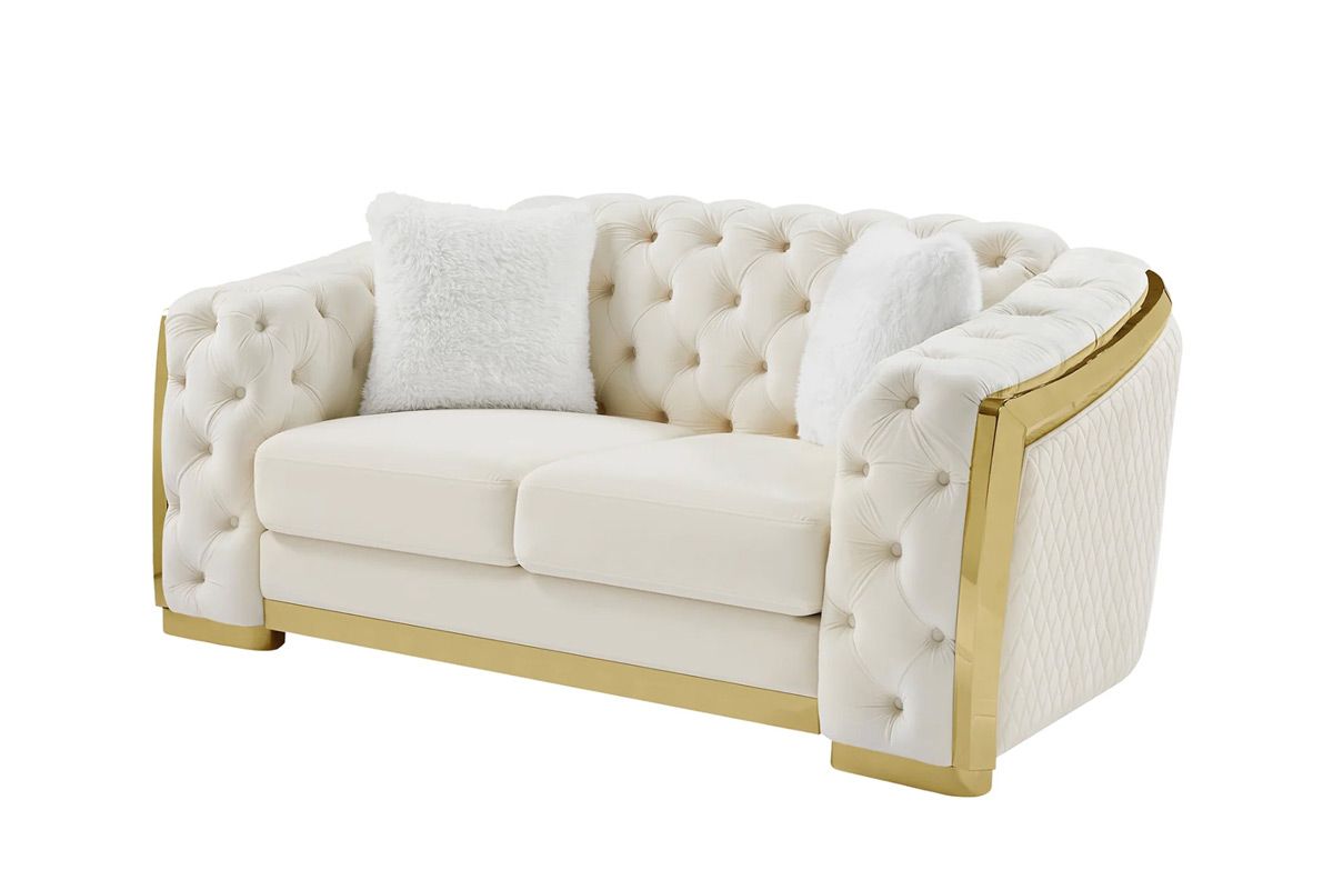 Deon Tufted Ivory Velvet Loveseat Gold Accents