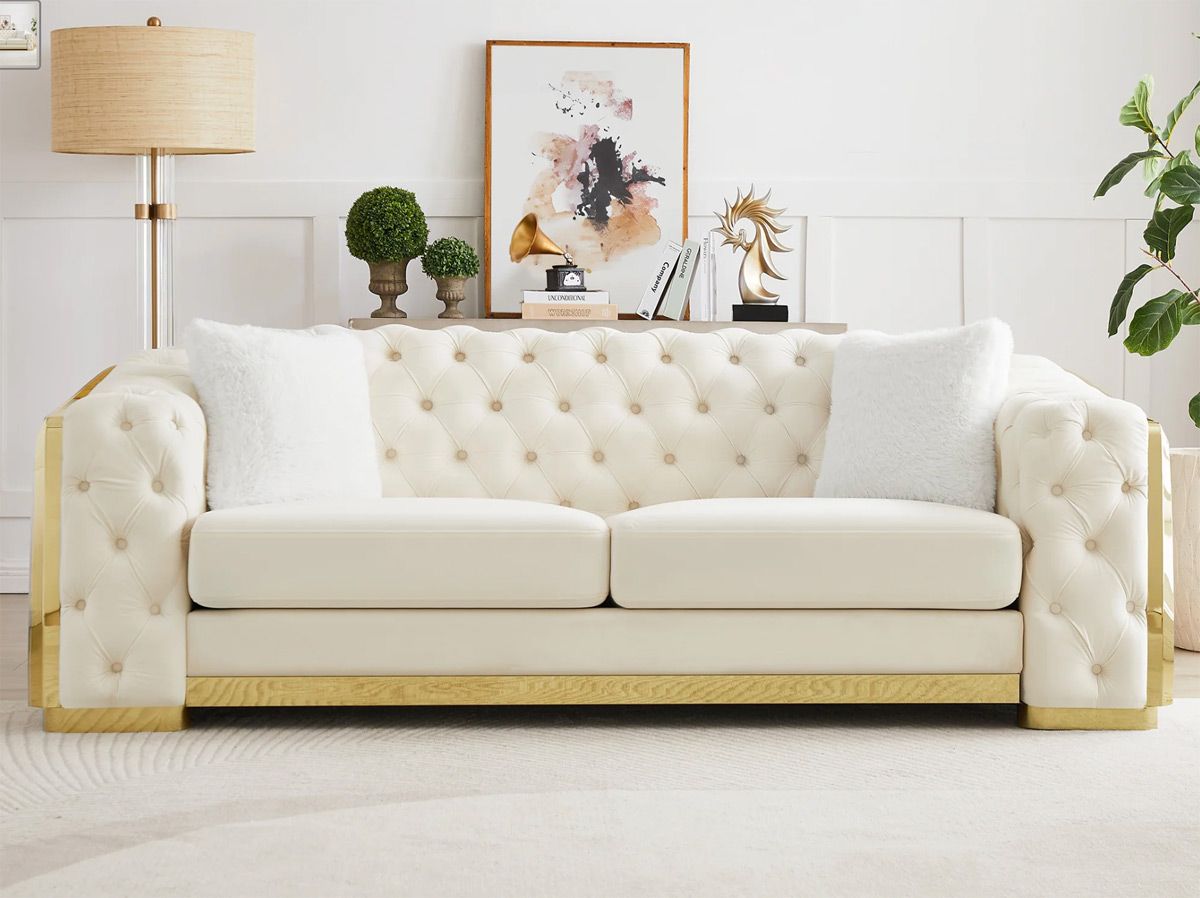 Deon Tufted Ivory Velvet Sofa Gold Accents