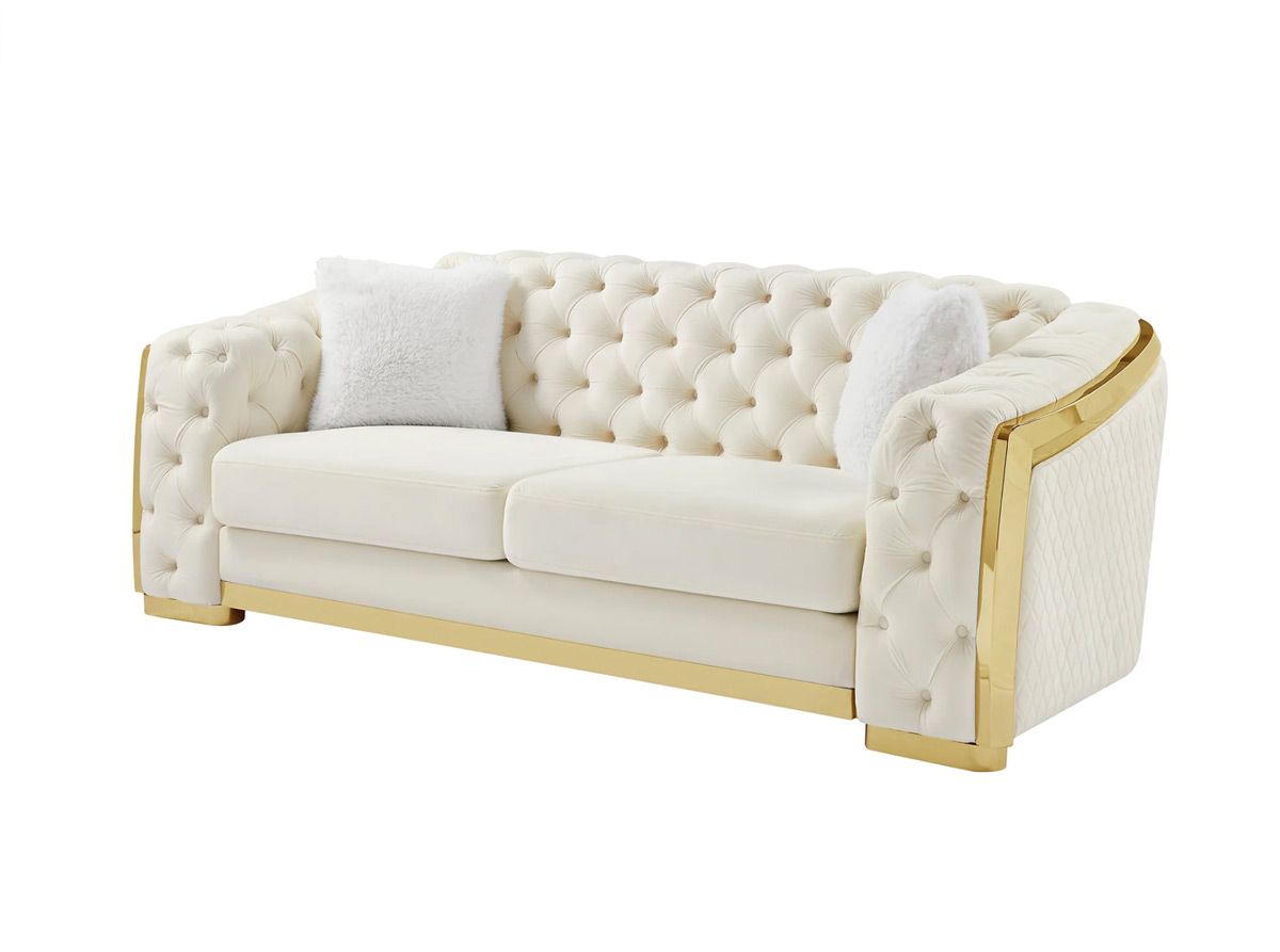 Deon Tufted Ivory Velvet Sofa Gold Accents