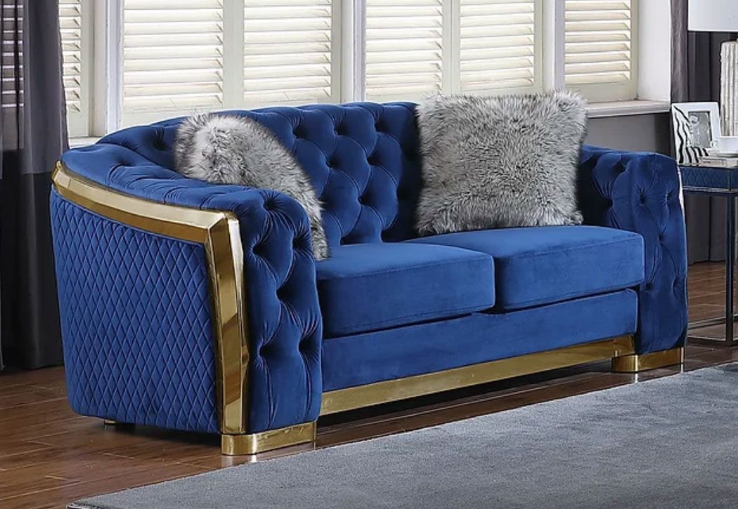 Deon Navy Blue Velvet Loveseat Gold Trim