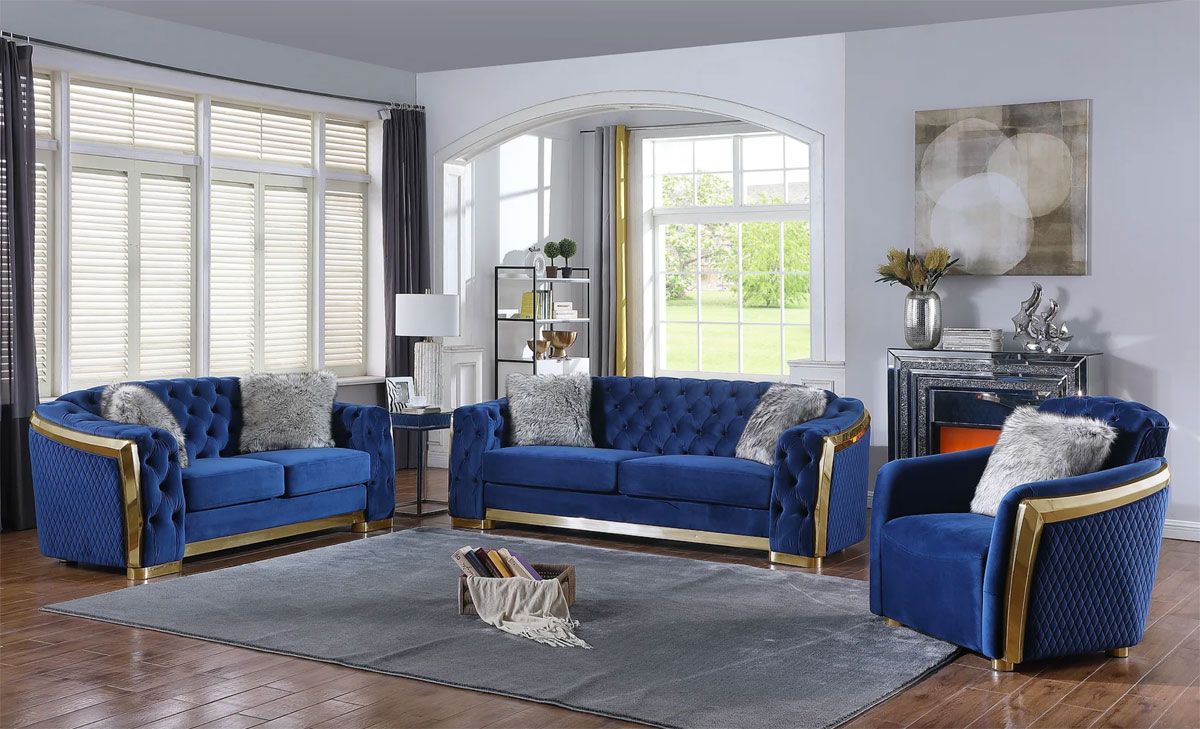 Deon Navy Blue Velvet Sofa Set Gold Trim