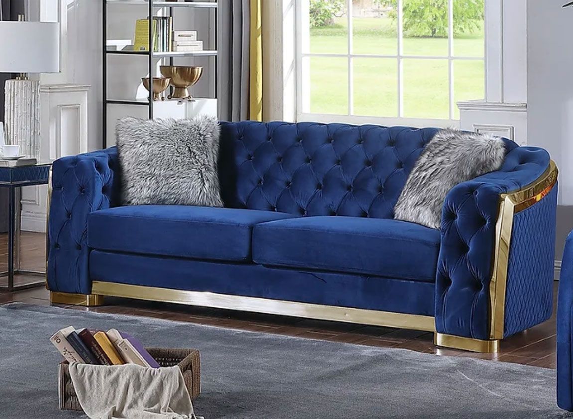 Deon Navy Blue Velvet Sofa Gold Trim