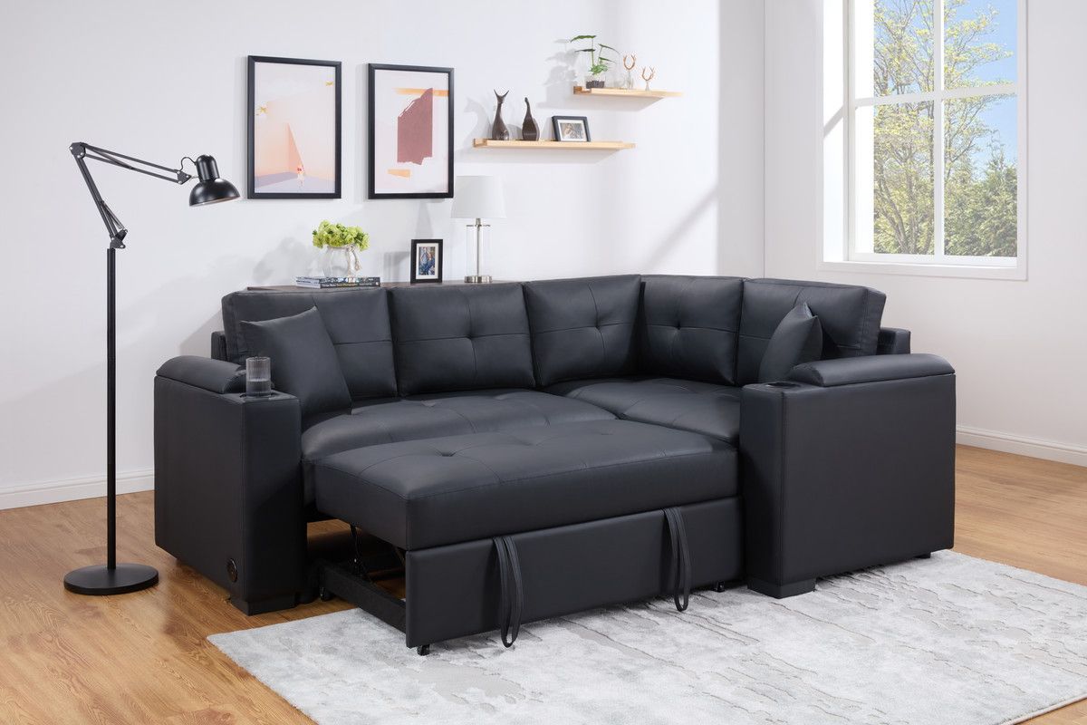 Eduardo Black Leather Sectional Sleeper