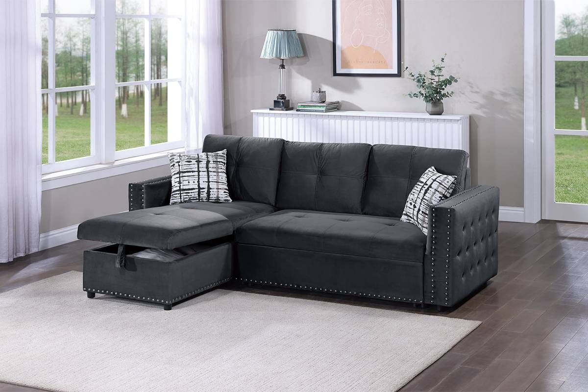 Elvana Sectional Sleeper With Storage Black Velvet