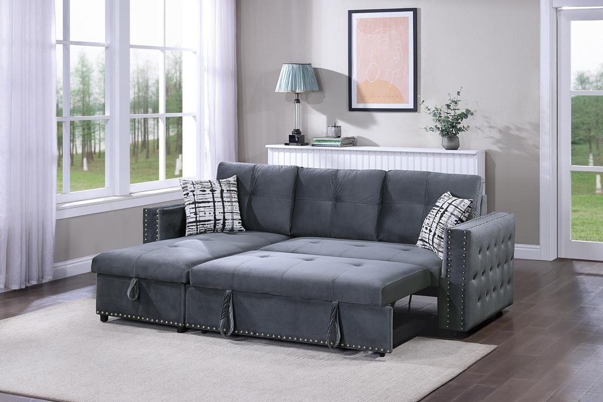 Elvana Grey Velvet Reversible Sectional Sleeper