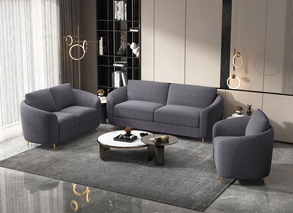 Ernest Grey Linen Sofa Set With Gold Legs