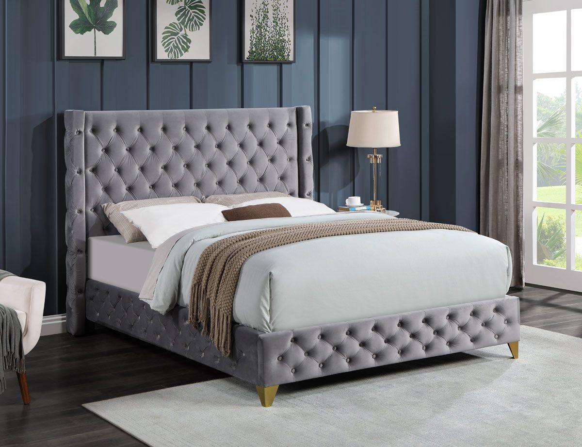 Francheska Platform Bed Tufted Grey Velvet