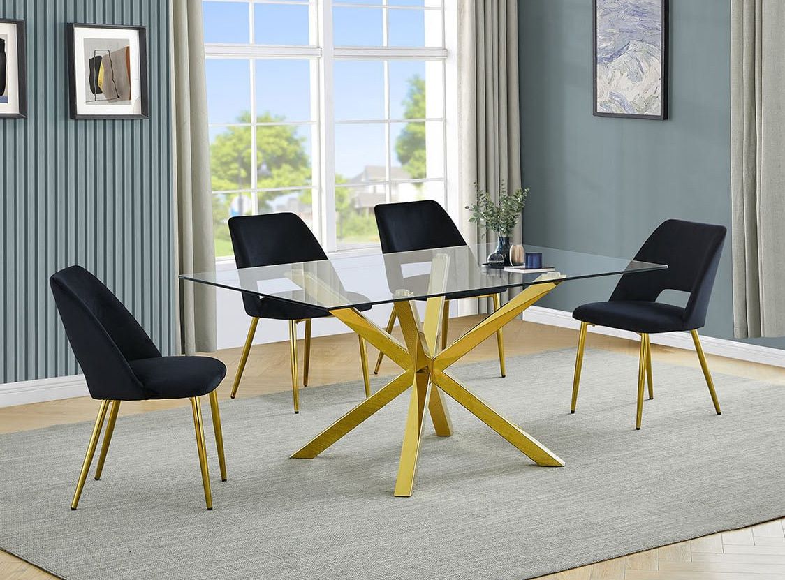 Goldies Gold Finish Dining Table With Black Chairs