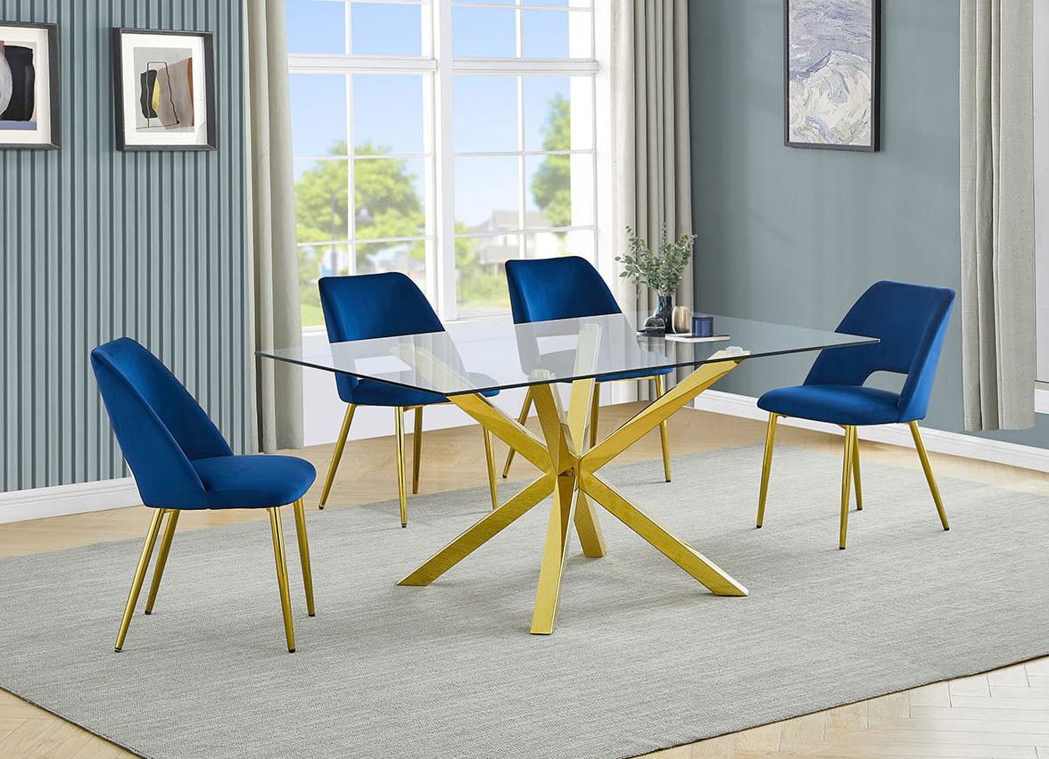 Goldies Gold Finish Dining Table With Navy Chairs