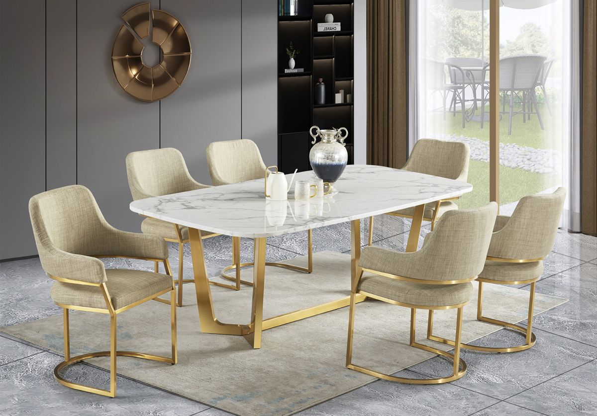 Haley White Marble Dining Table Set With Gold Base