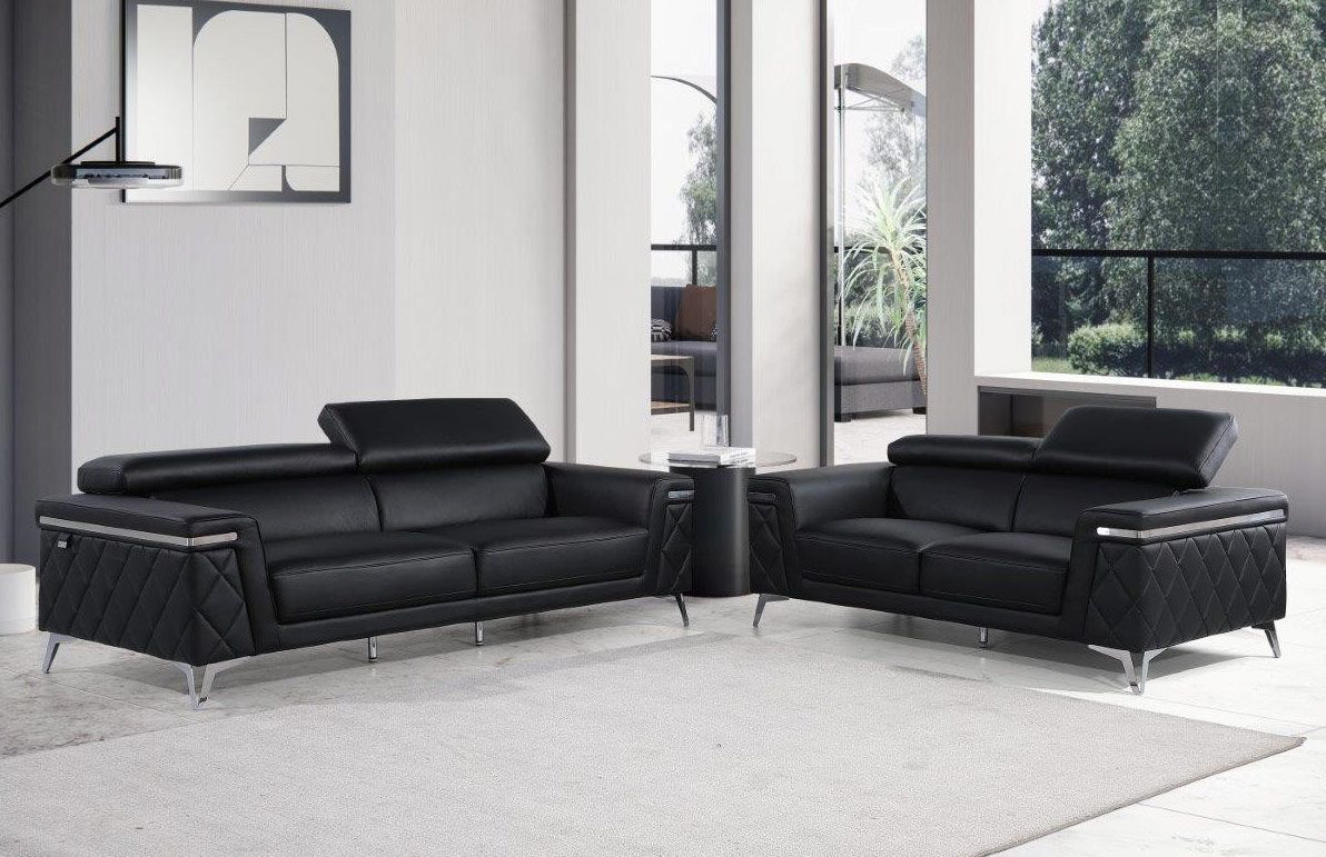 Hanari Black Italian Leather Sofa Set