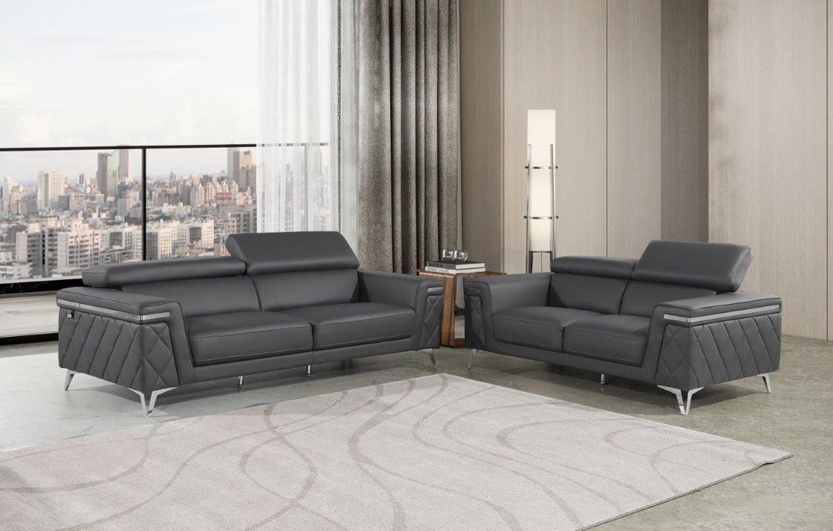 Hanari Modern Grey Italian Leather Sofa Set