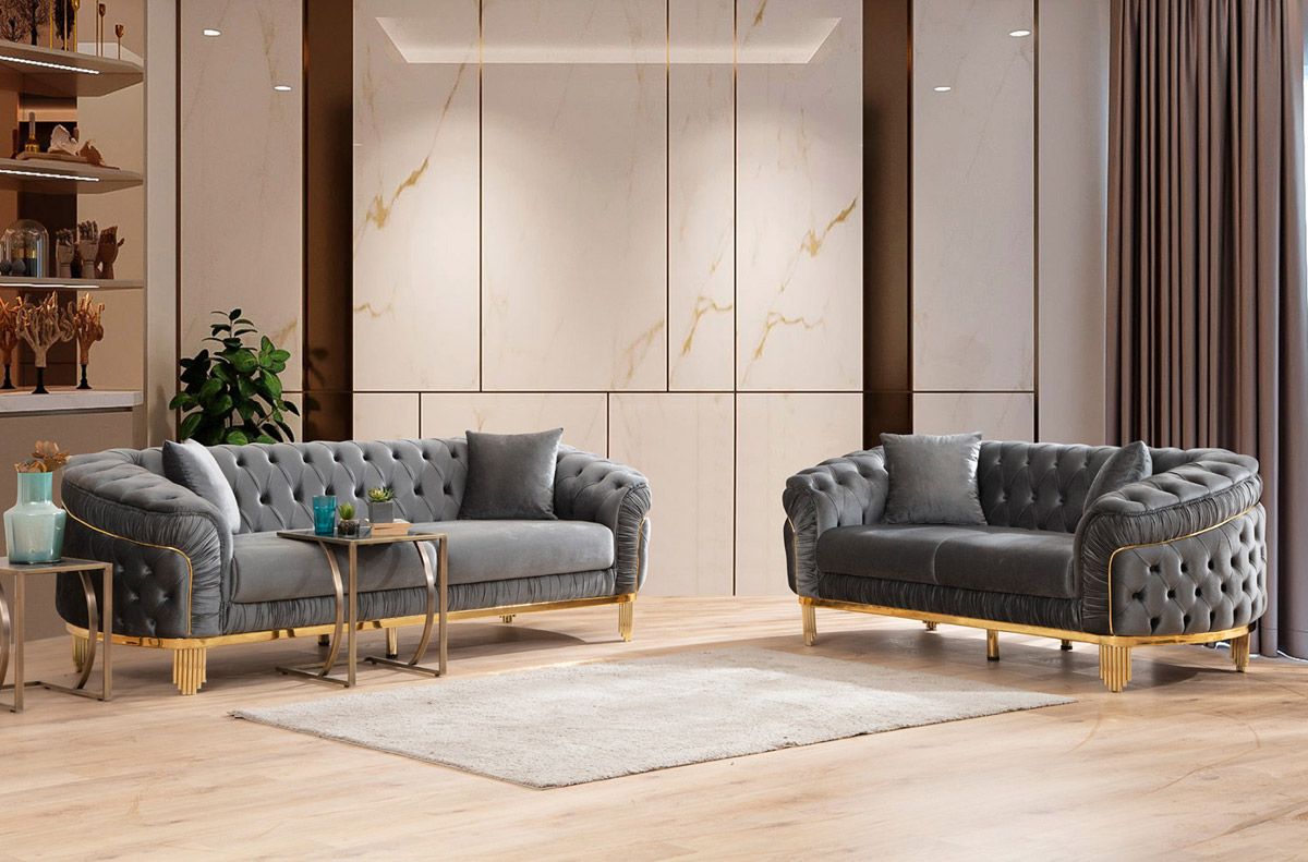 Harley Tufted Grey Modern Sofa Set