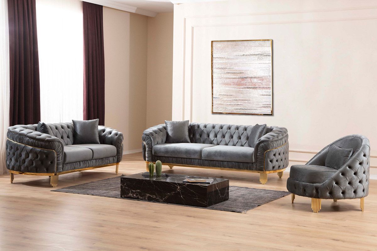 Harley Tufted Grey Modern Sofa Set