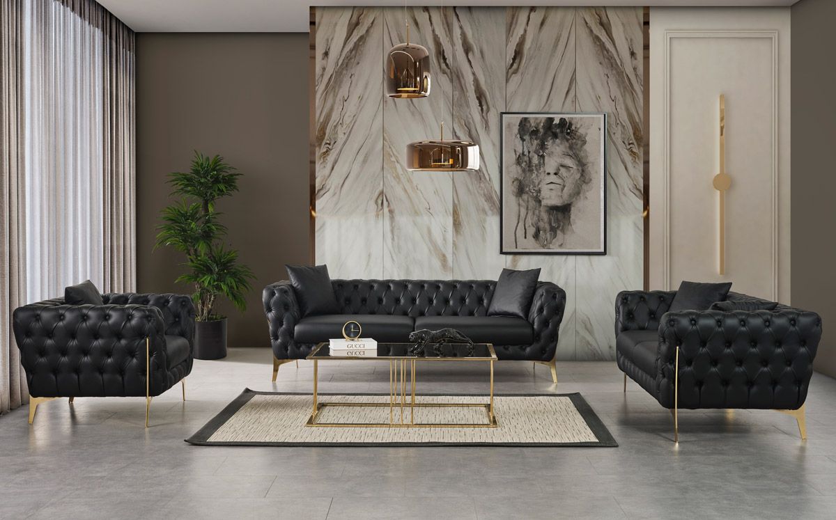 Herbert Tufted Black Leather Sofa Set