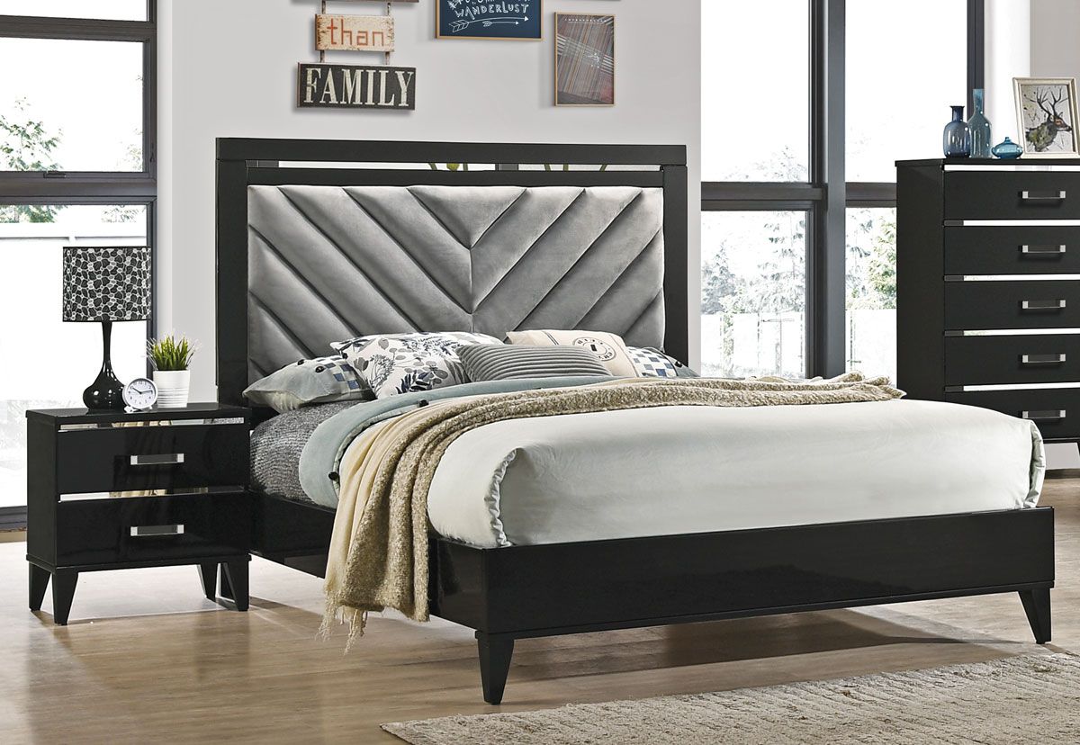 Jasper Black Finish Bed With Grey Headboard