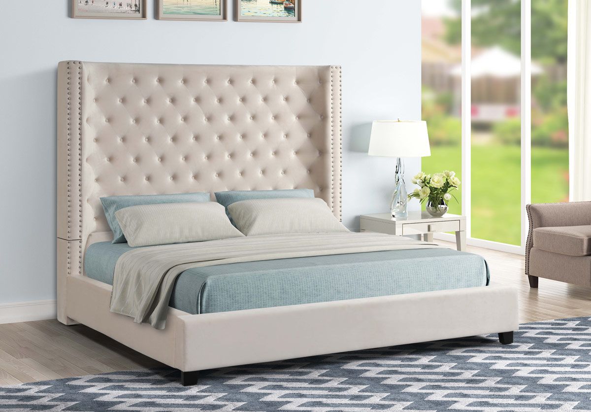 Jerell Beige Velvet Bed With Tall Headboard