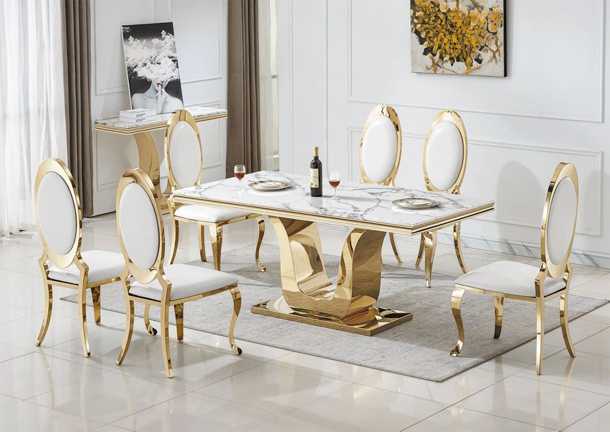 Kendall White Marble Dining Table Set Gold Base 