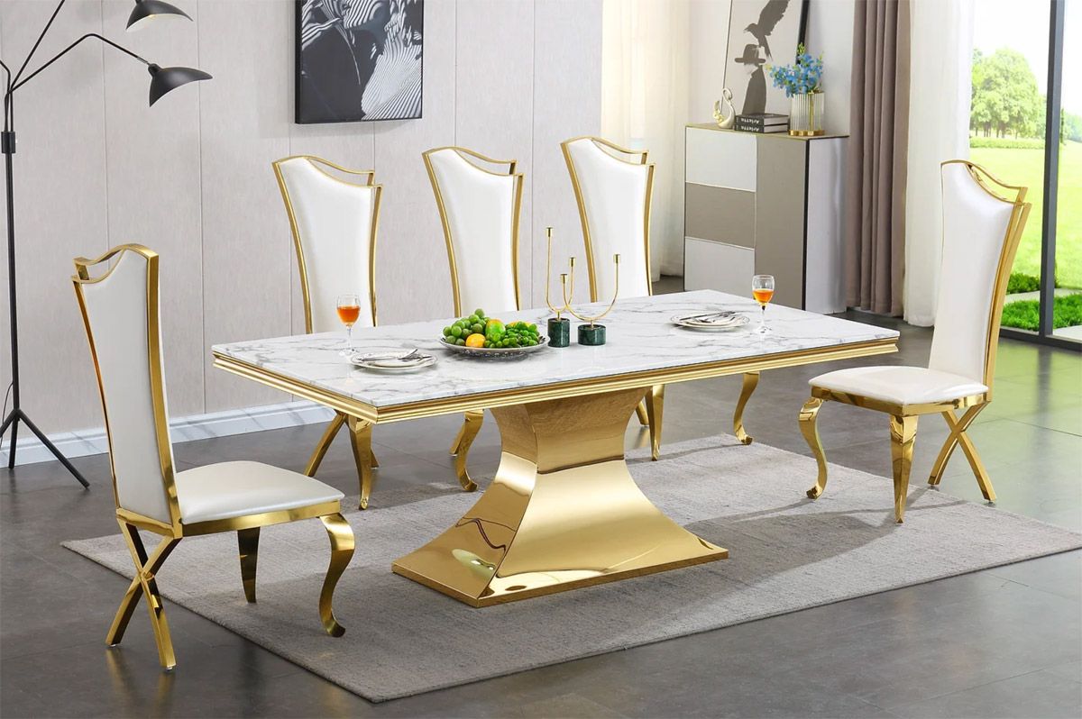 Kylah Marble Top Dining Table Set Gold Base