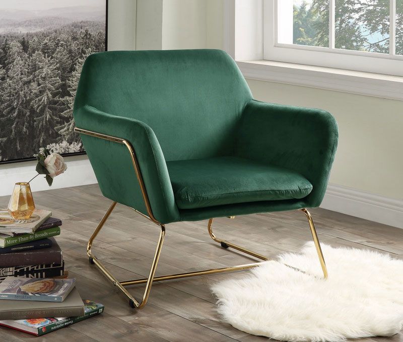 green velvet modern accent chair with gold finish frame