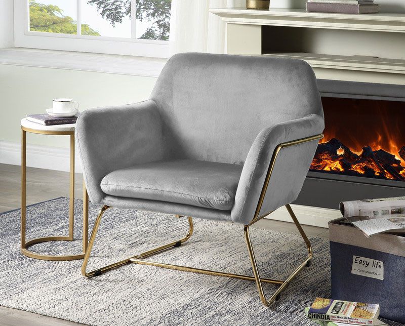 grey velvet modern accent chair with gold finish frame