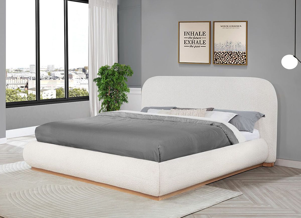 Lesley Cream Boucle Platform Bed With Wood Base