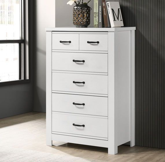 Littleton white finish bedroom chest of drawers with black knobs