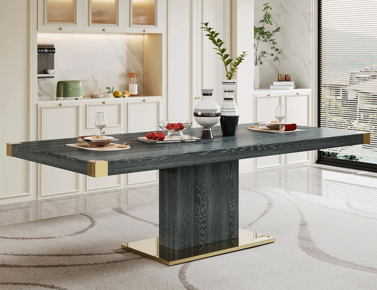 Madeline Grey Finish Dining Table Gold Accents