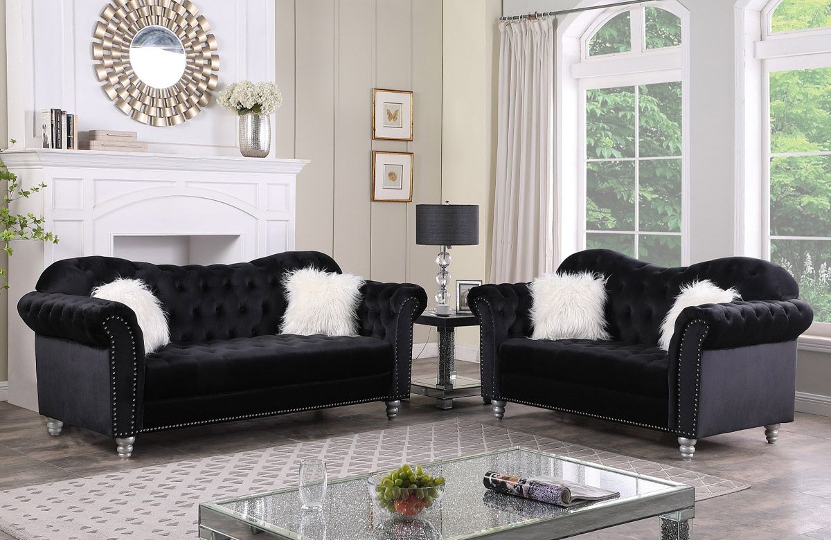 Manley Black Velvet 2-Piece Sofa Set