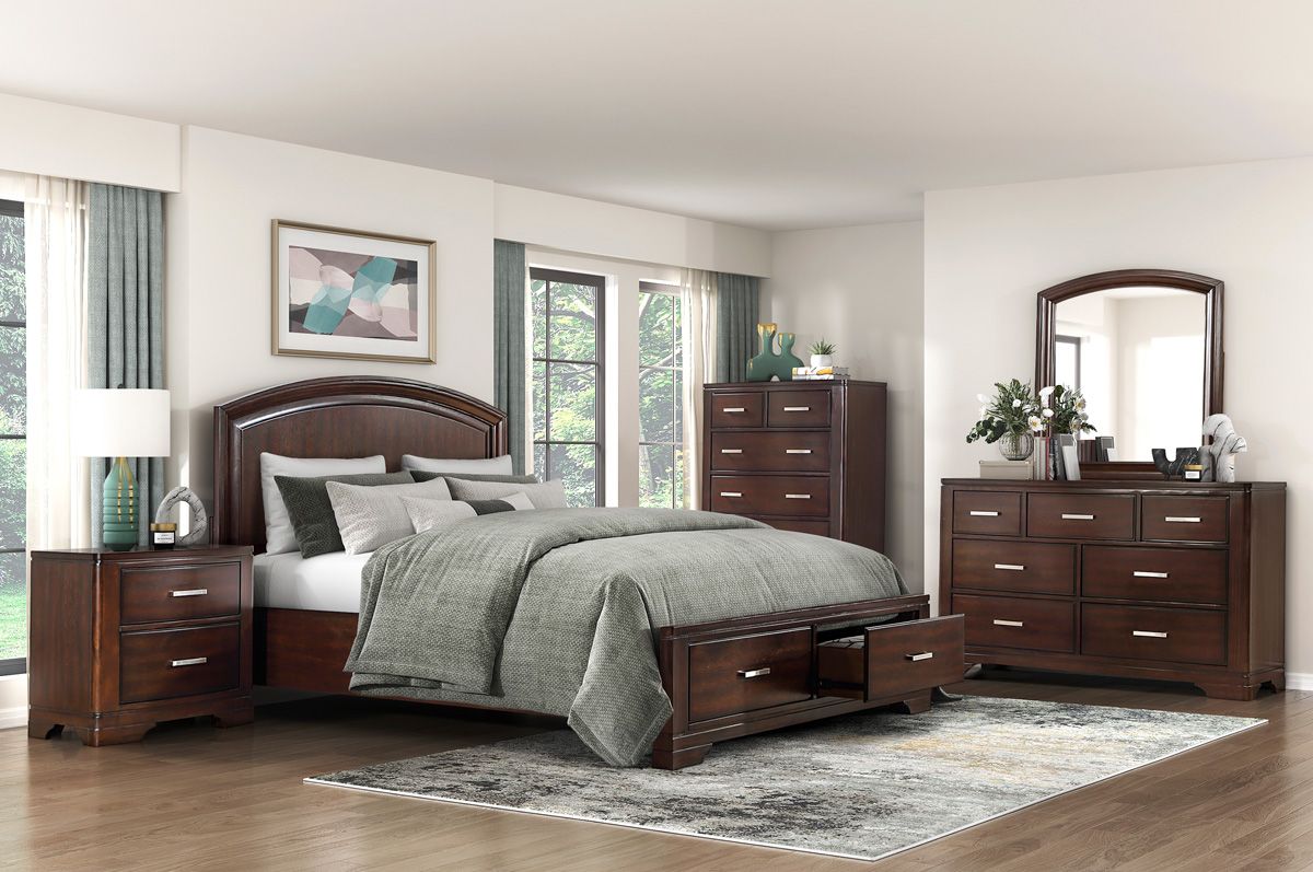 Meline Bedroom Set With Storage Drawer Cherry Finish