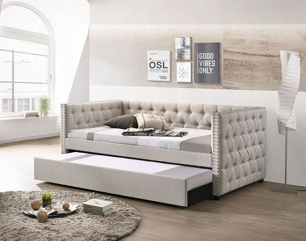 Mendel Beige Tufted Linen Daybed With Trundle