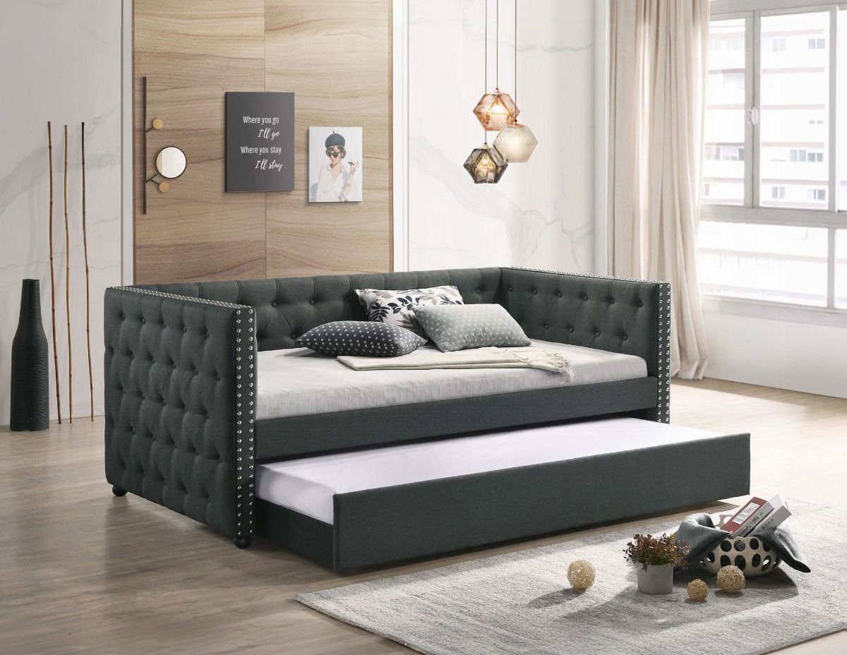 Mendel Grey Tufted Linen Daybed With Trundle