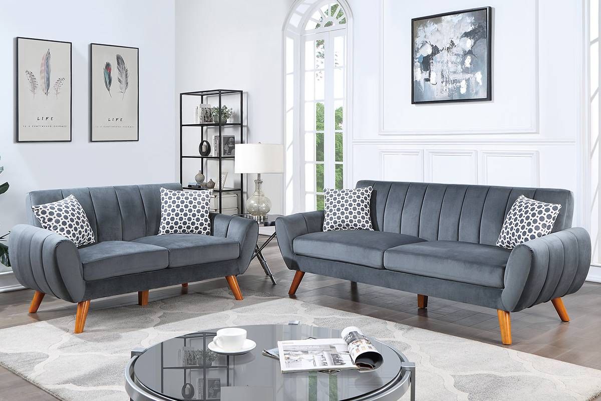 Molly Grey Velvet Mid-Century Modern Sofa Set