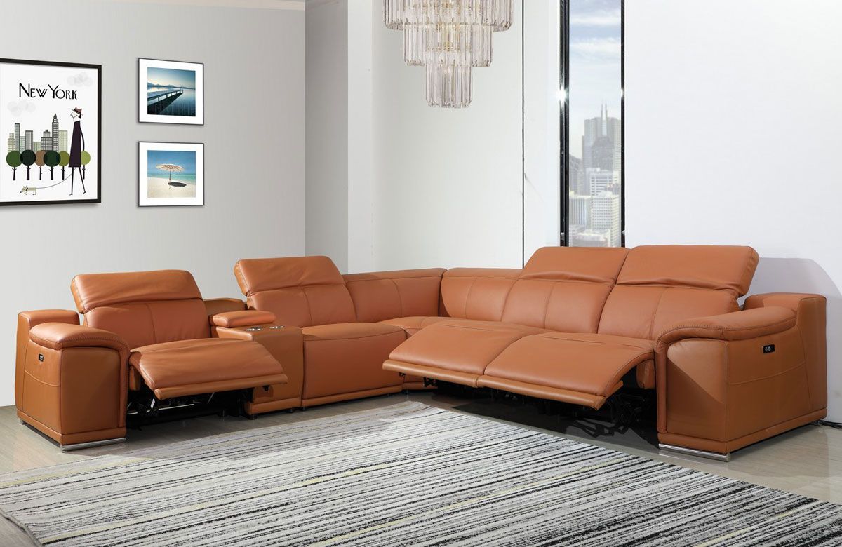 nevio leather & fabric power reclining sectional sofa