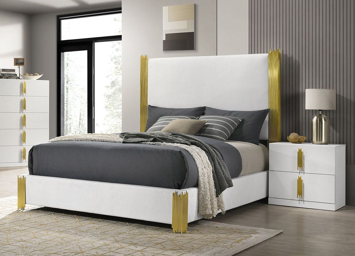 Newell White Fabric Bed With Gold Accents