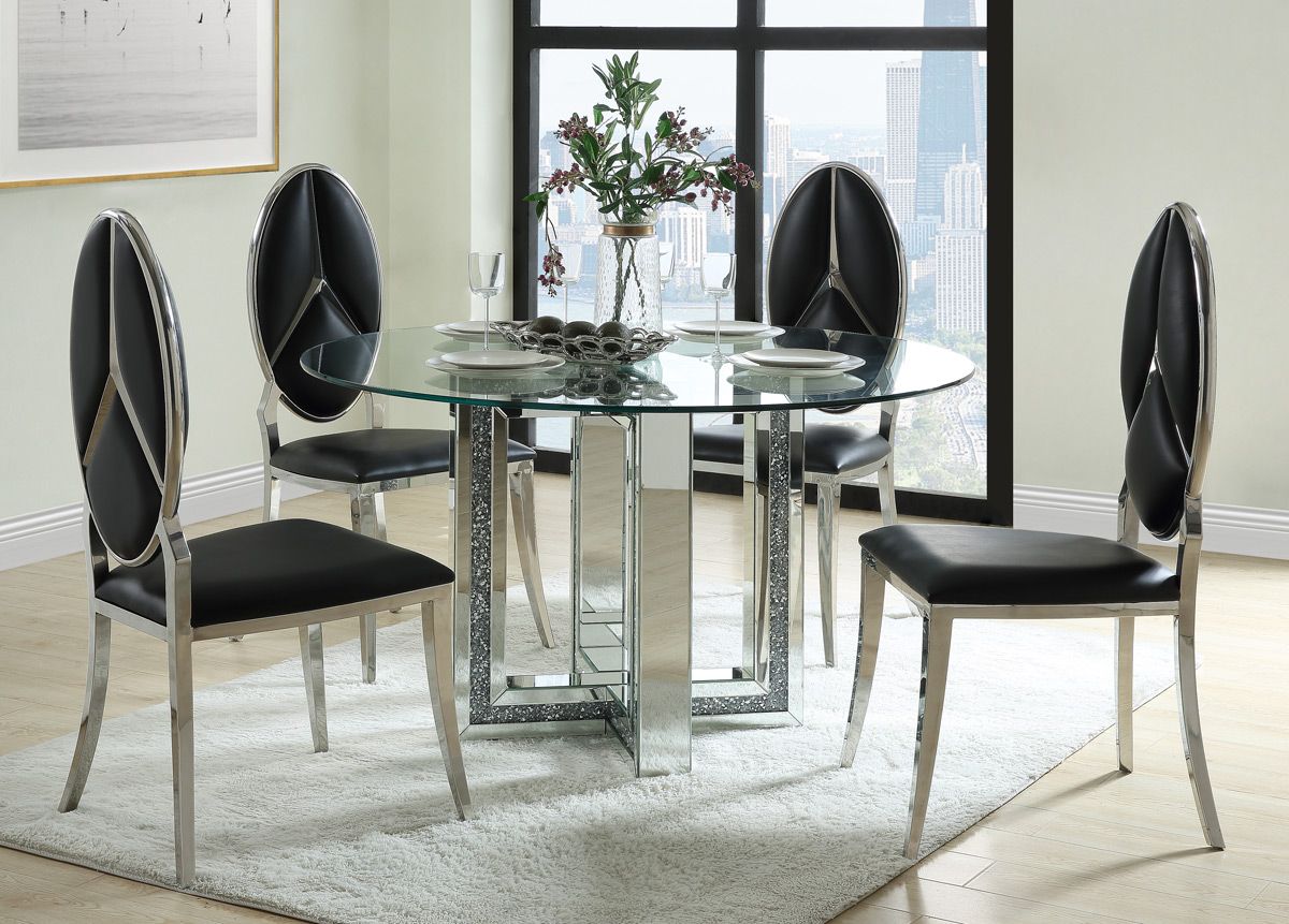 Ningbo Round Mirrored Dining Table With Black Chairs