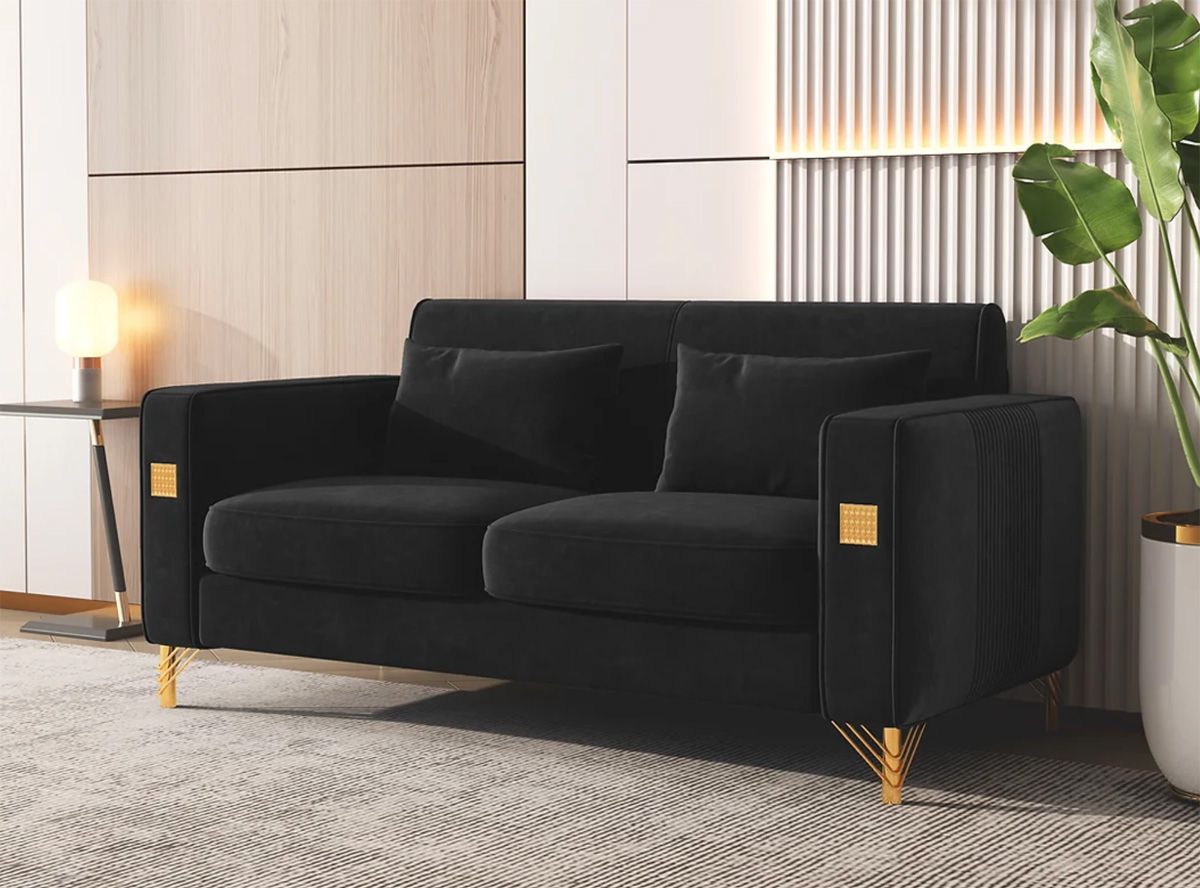 Noriega Black Velvet Love Seat With Gold Legs