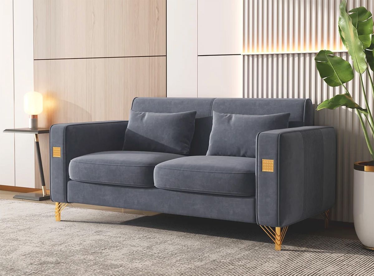 Noriega Grey Velvet Love Seat With Gold Accents