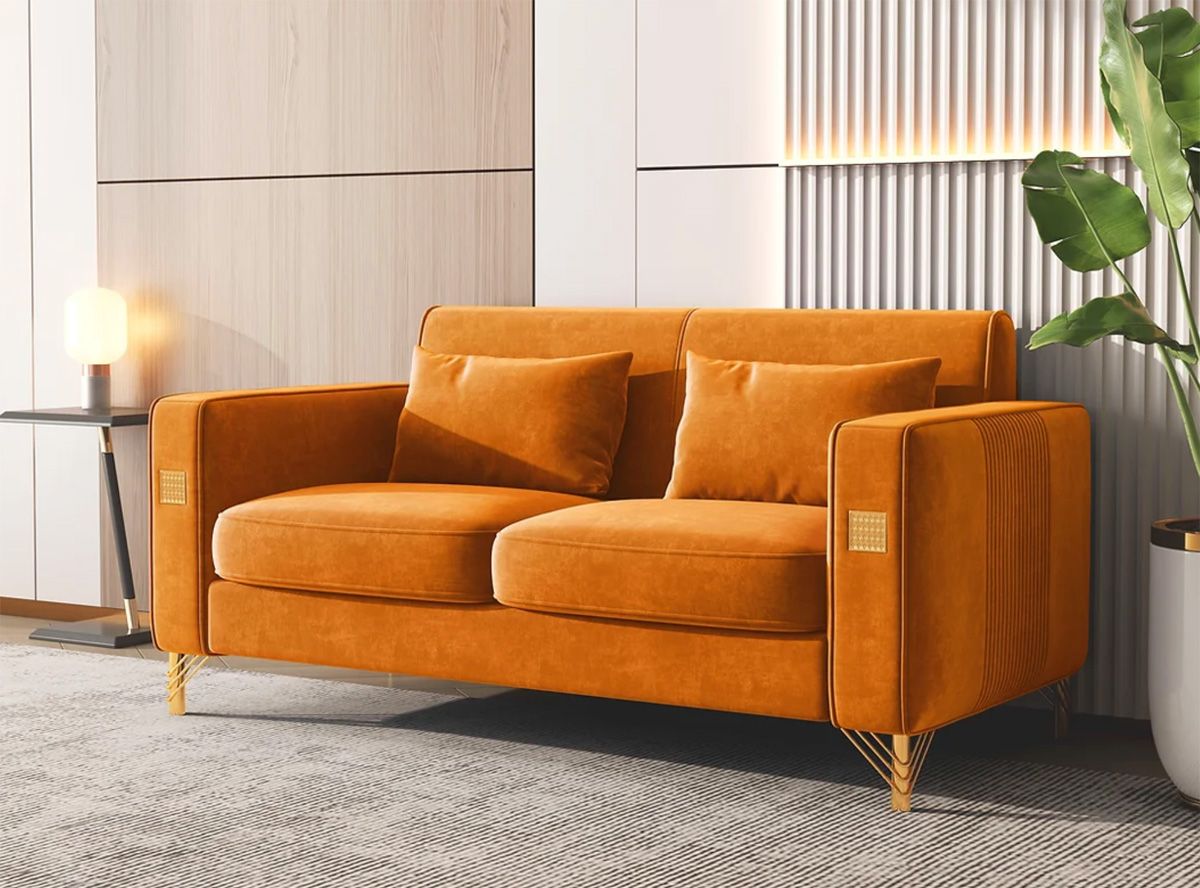 Noriega Orange Velvet Loveseat With Gold Legs