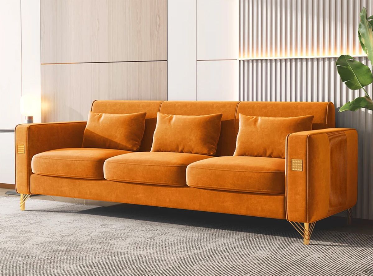 Noriega Orange Velvet Sofa With Gold Legs