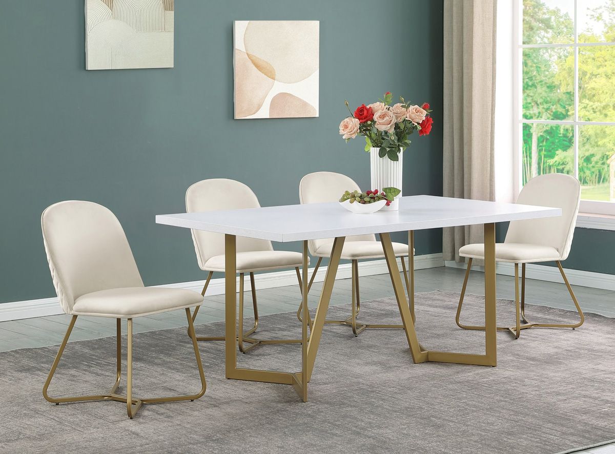 Odin White Dining Table Set With Beige Velvet Chairs