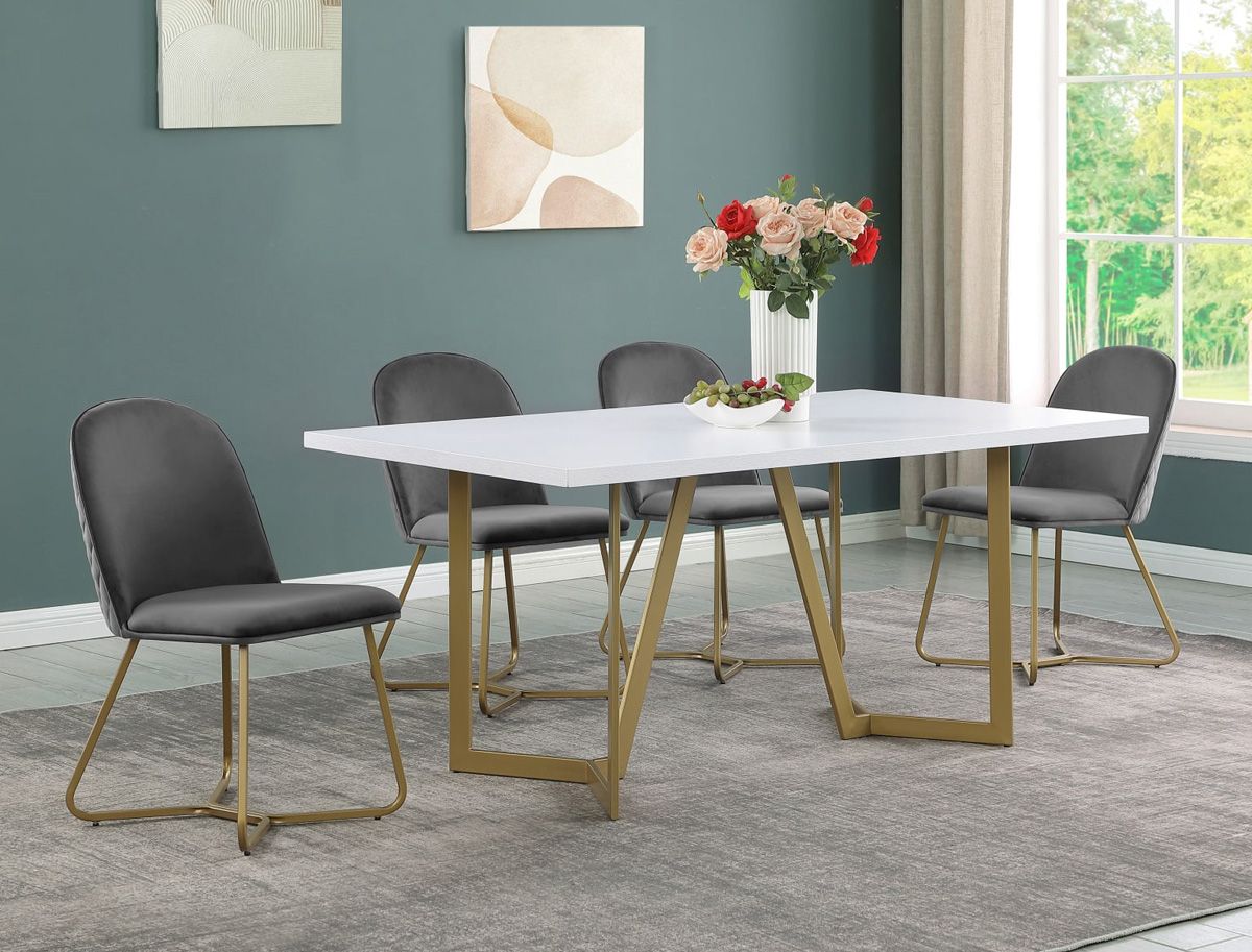 Odin White Dining Table Set With Grey Velvet Chairs