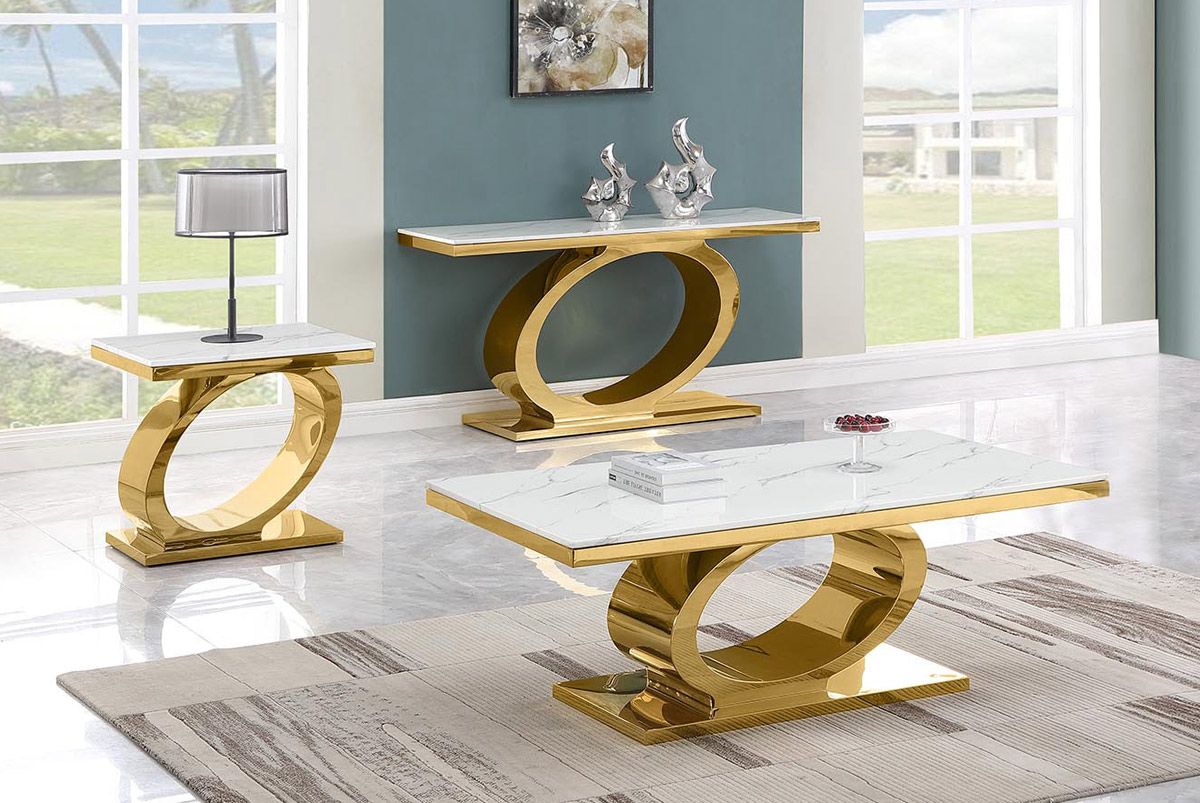 Omari Gold Finish Marble Top Coffee Table Set