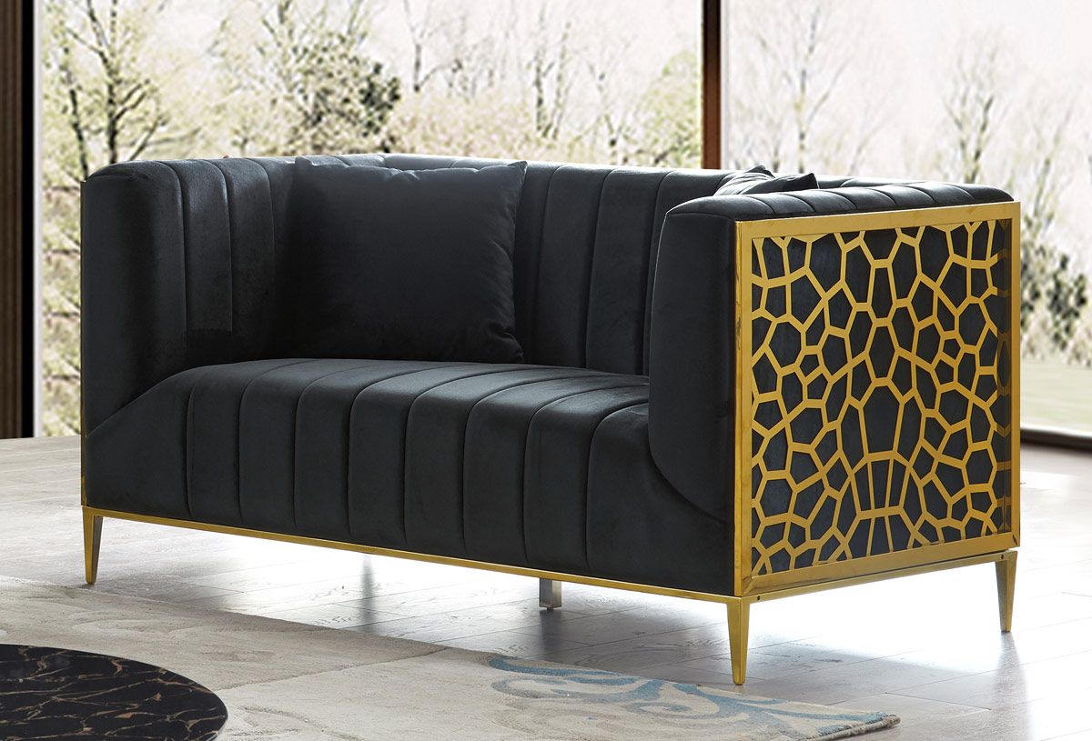 Opal Black Velvet Loveseat With Gold Frame