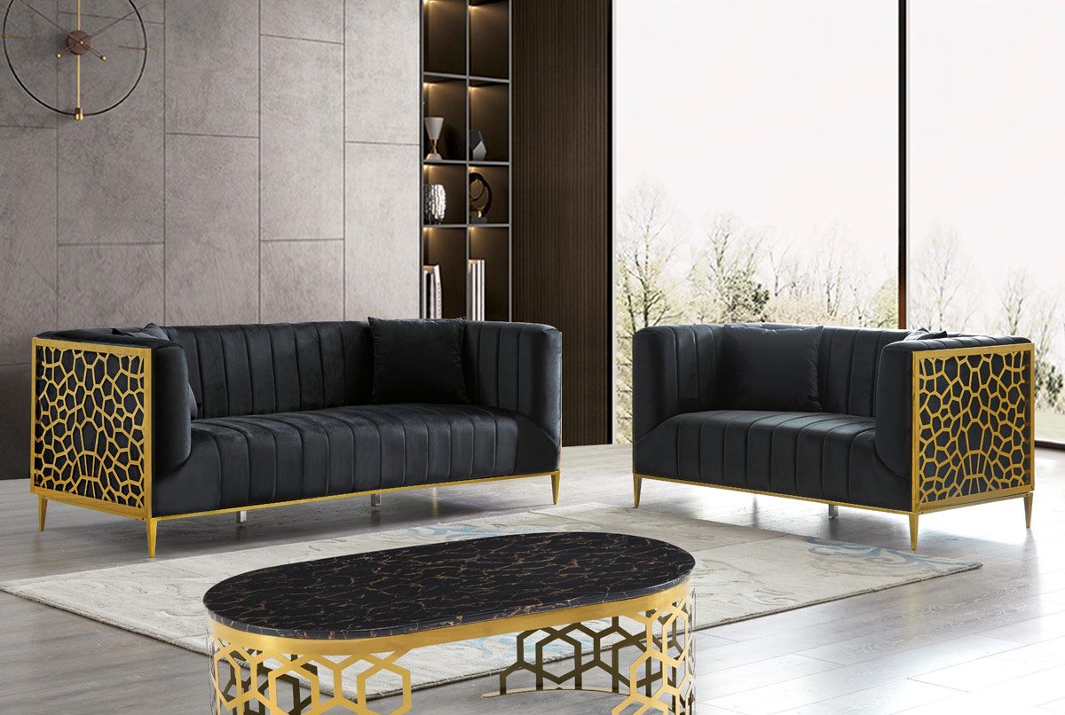 Opal Black Velvet Sofa Set With Gold Frame