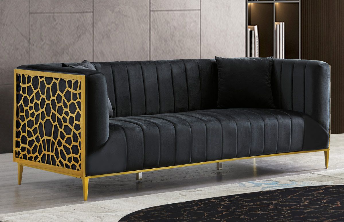 Opal Black Velvet Sofa With Gold Frame