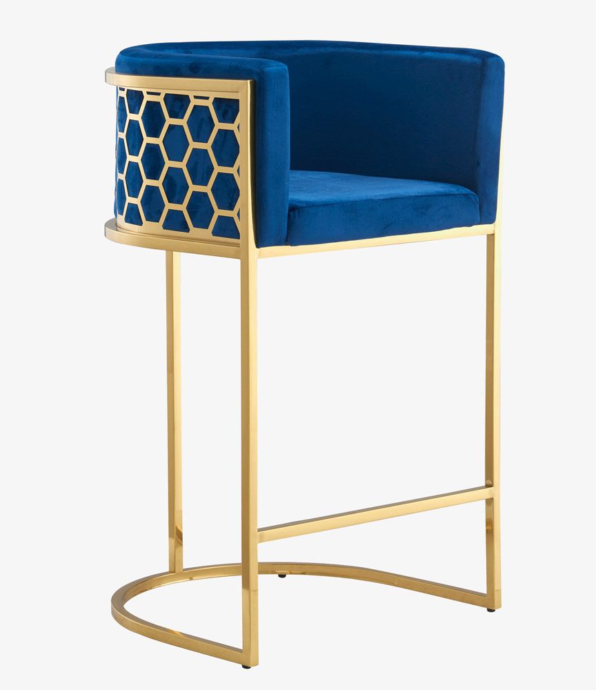 Opal Blue Velvet Bar Height Chair Gold Frame