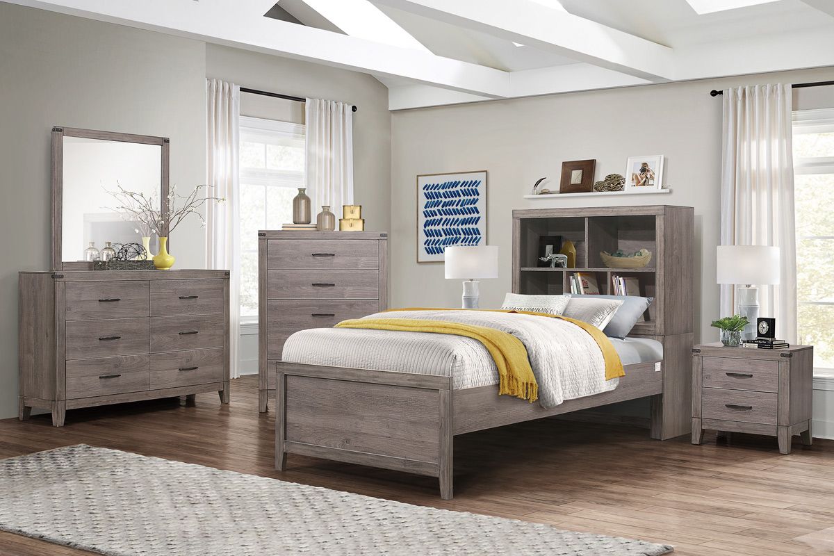 Otis Grey Finish Bed With Bookcase Headboard