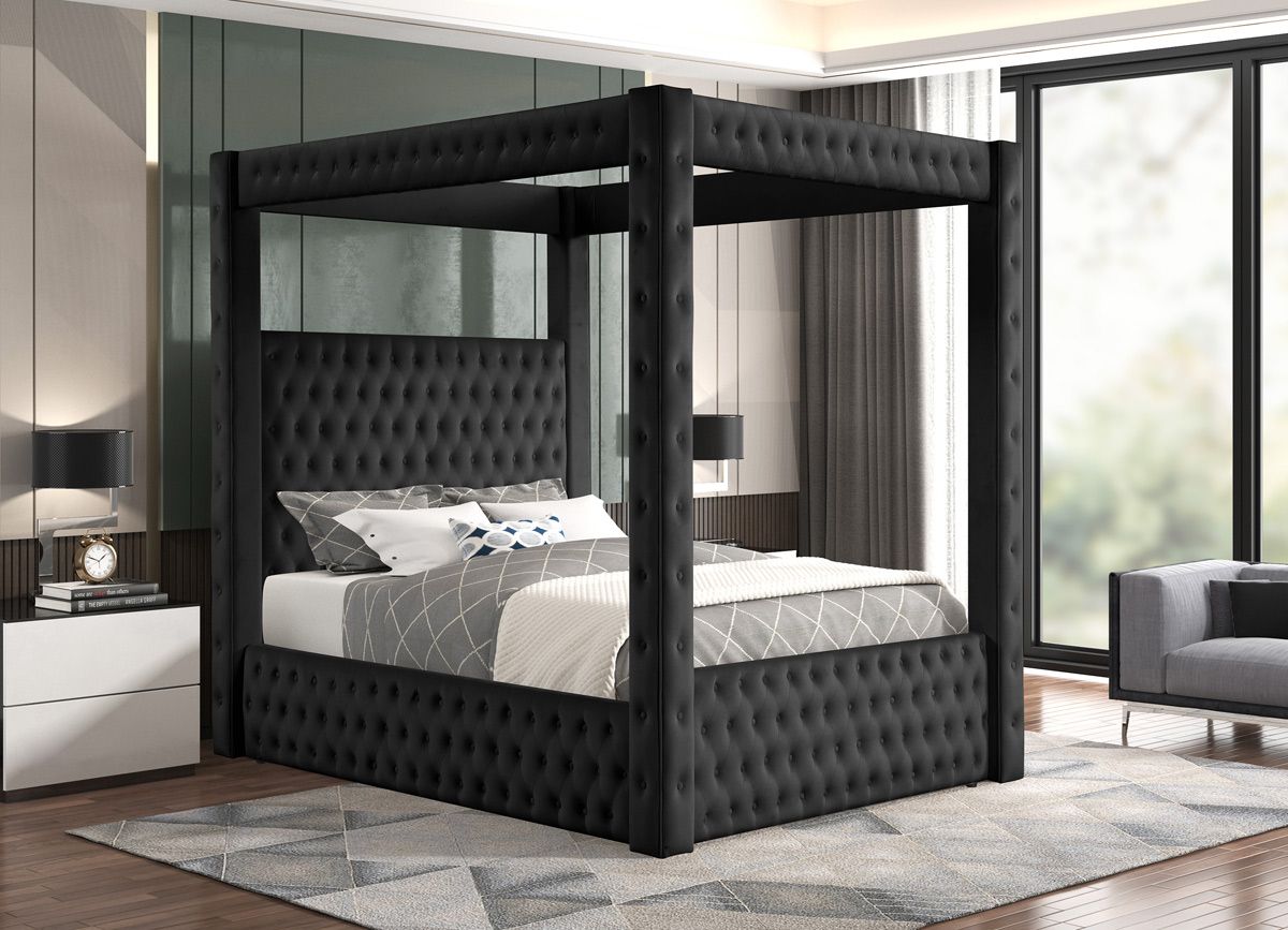 Ozark Tufted Black Velvet Canopy Bed