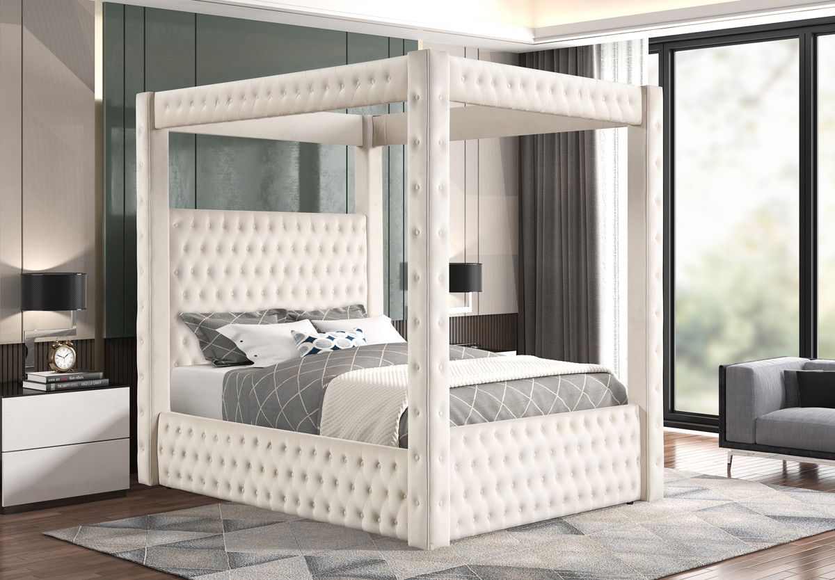 Ozark Canopy Bed Tufted Ivory Velvet